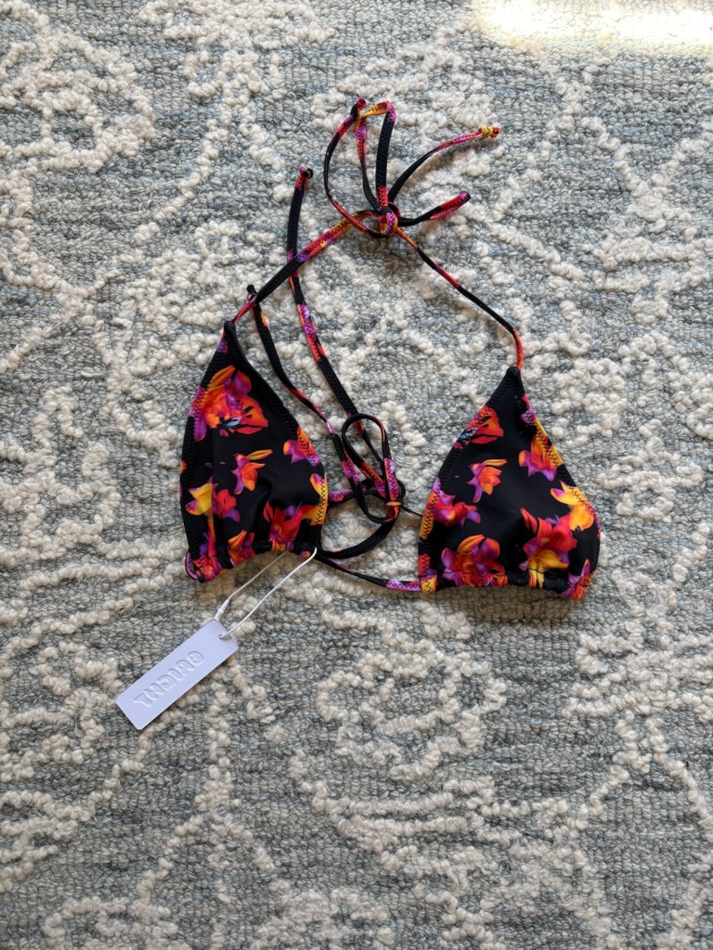 Black Floral Triangle Bikini Top with Pink & Orange Flowers